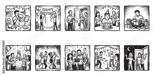 A collection of ten black and white sketch panels illustrating various moments from a birthday party, from preparation to celebration and farewells.