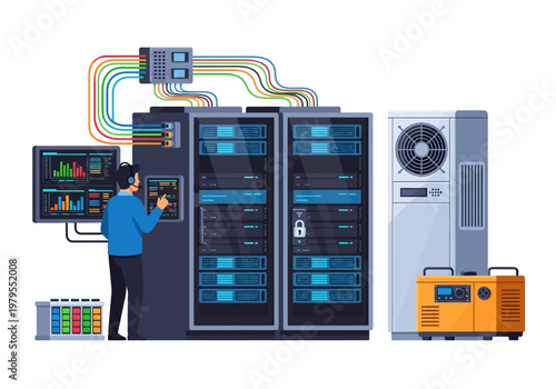 Data center operations with technician managing servers, monitoring system performance, and a backup generator
