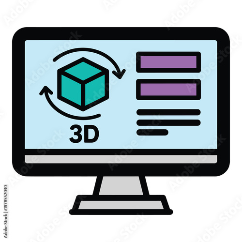 3D model on computer screen with rotating cube and text icon