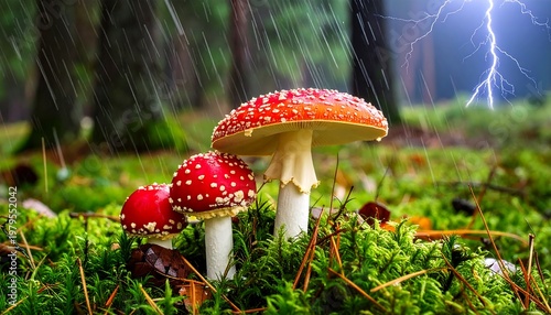 Vibrant Mushrooms in a Forest During a Thunderstorm.