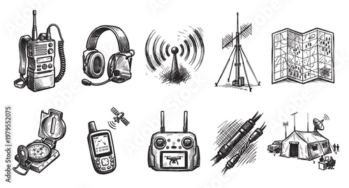 A black and white sketch collage features vintage communication and navigation items including a walkie-talkie, headphones, map, compass, GPS, drone controller, satellite, and a tent camp.