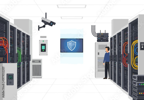 Secure Data Center with Server Racks, Security Camera, and Technician
