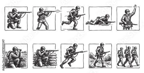A collection of black and white ink drawings depicts soldiers in various combat and non-combat actions, showcasing historical military scenarios.
