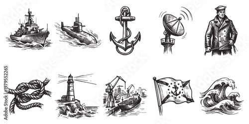 A hand-drawn collection of nautical icons including a warship, submarine, anchor, lighthouse, sailor, and port scenes, with a vintage sketch style.