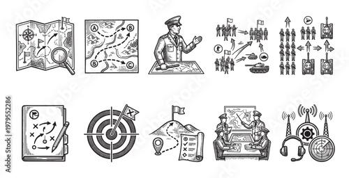A collection of hand-drawn icons depicting military strategy, planning, and communication elements, including maps, targets, soldiers, and communication devices.