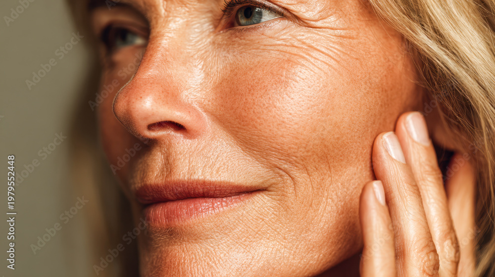 Fototapeta premium Profile of mature woman with natural skin texture and subtle smile touching her face with gentle expression and soft lighting in warm tones