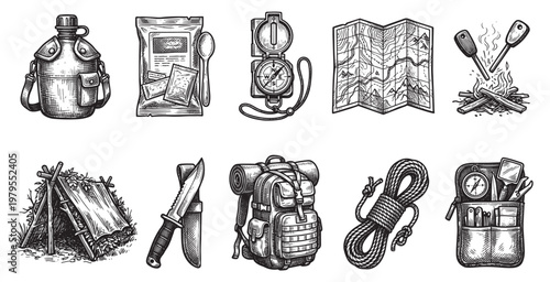 A collection of hand-drawn illustrations depicts essential camping and survival gear including a canteen, backpack, compass, and fire.