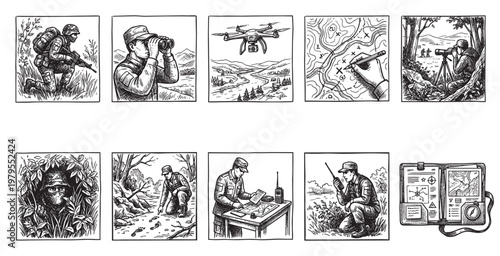 This illustrative collage depicts various military reconnaissance and surveillance activities, including soldiers using binoculars, drones, maps, and radios, showcasing tactical operations.