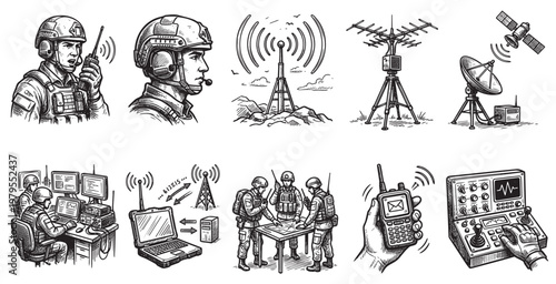 A collection of hand-drawn illustrations depicting various aspects of military communication, including soldiers using radios, communication towers, satellites, and control consoles.