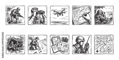 This hand-drawn sketch collage depicts various aspects of military reconnaissance and strategy, including soldiers in action, surveillance drones, maps, and communication equipment.