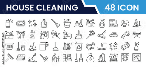 Outline House Cleaning Icon Set in Line Art Style for Home Cleaning, Maid Service, Broom, Mop, Vacuum, Laundry, Sanitizing, and Digital Interface Design