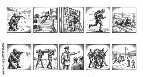 This collection of illustrations depicts soldiers engaged in various rigorous military training exercises, showcasing combat skills and teamwork in a black and white graphic style.