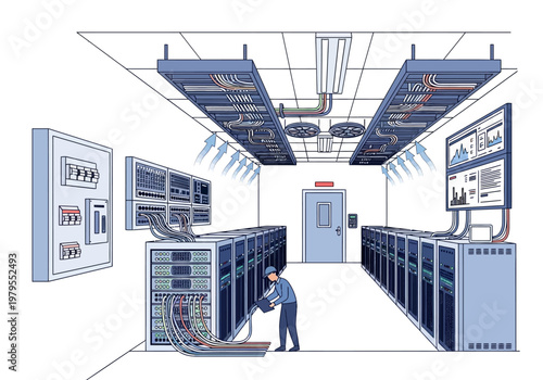 Server Room with Racks of Computers and IT Technician
