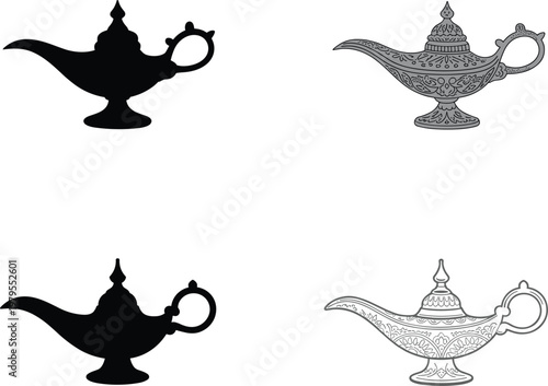 Black silhouette and ornate detailed magic genie lamps comparison illustration design set