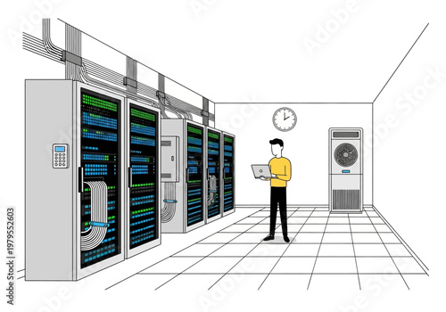 Data center technician monitoring server racks with laptop in modern server room