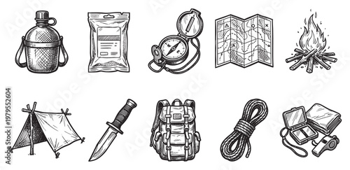 This collection features a black and white sketch of essential camping gear, including a canteen, food packet, compass, map, campfire, tent, knife, backpack, rope, and survival kit.