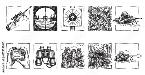 A sketch-style composition depicting various scenes related to sniping and marksmanship, including a rifle, scope view, targets, and camouflage.