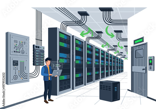 Modern Server Room with Technician Working on Laptop amidst Racks of Computers and Cooling Systems