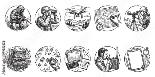 A collection of vintage-style illustrations depicts various military tactics and reconnaissance equipment, including a sniper, binoculars, drone, maps, and radio communication.