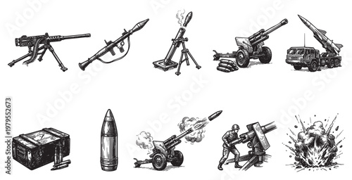 A collection of vintage military weapons and explosions rendered in a classic black and white line art style, perfect for historical or informational purposes.