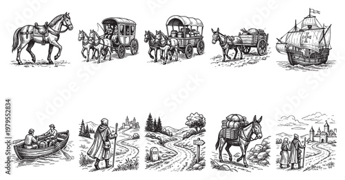 A collection of vintage, hand-drawn illustrations depicts various historical modes of transport and travel, including horses, carriages, ships, and figures on foot, evoking a sense of adventure.