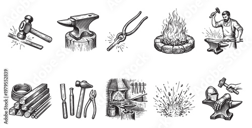 A collection of line art illustrations depicting blacksmith tools and processes, including anvils, hammers, tongs, raw metal, and a roaring forge fire.