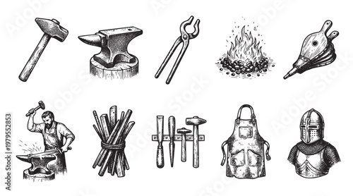 Vintage hand-drawn illustration showcasing a collection of blacksmith tools, a roaring forge, and knight armor, evoking a sense of historical craftsmanship and medieval strength.