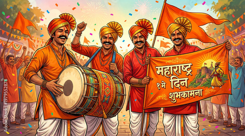 Maharashtra Day Celebration Vector Illustration: Men in Traditional Pheta Turban Playing Dhol Tasha with Saffron Flag and Shivaji Maharaj Graphics for May 1st Maharashtra Din