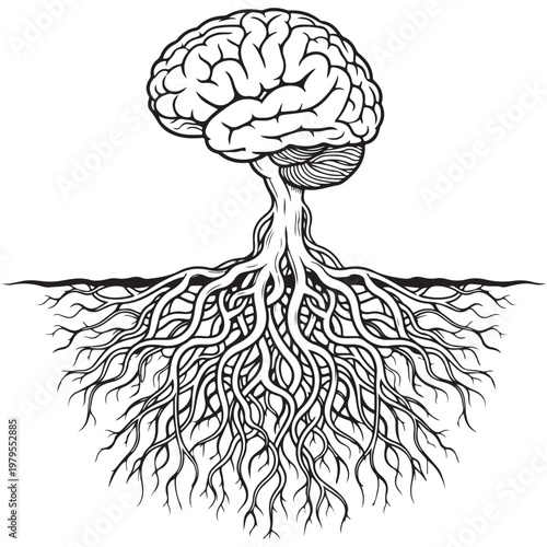 Human brain growing like a tree with deep roots underground vector illustration symbolizing mental health knowledge and psychological growth