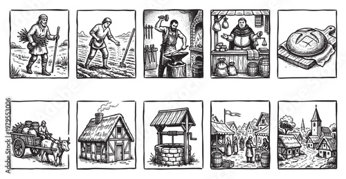 Collection of woodcut-style illustrations depicting various aspects of medieval daily life including farming, blacksmithing, market scenes, and village architecture.
