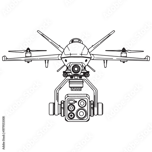Front view vector line art illustration of a professional camera drone for aerial photography and surveillance