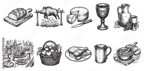 A collection of vintage-style ink illustrations depicting a medieval feast, including roasted boar, bread, cheese, wine, and a banquet scene.
