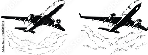 commercial airplane flying above clouds black and white vector illustration for travel