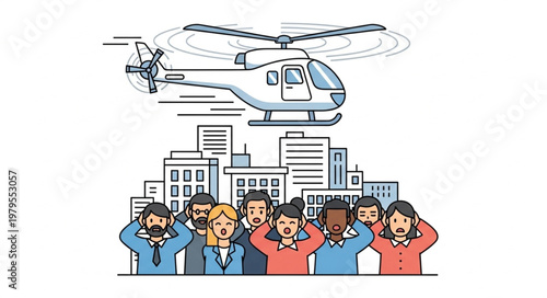 Helicopter Flying Over City Skyline People Covering Ears.