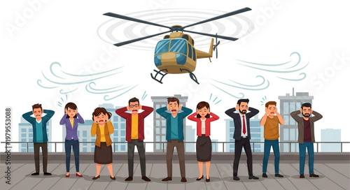 Helicopter flying low over people covering ears from noise.