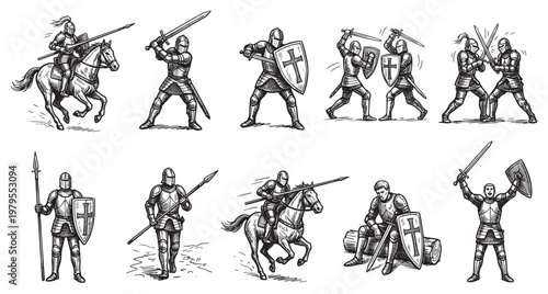A collection of hand-drawn illustrations depicts medieval knights in various poses, showcasing armor, swords, shields, and horseback riding, suitable for historical or fantasy themes.