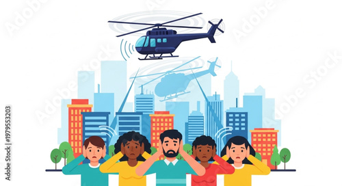 Helicopter flying over city with people covering ears from noise pollution.