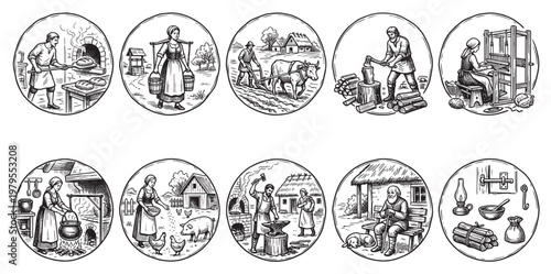 This illustrative collection depicts scenes of medieval village life, showcasing various daily tasks and crafts with a rustic, hand-drawn aesthetic and a monochrome palette.