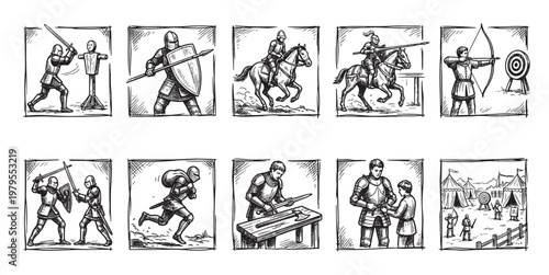 A collage of ten hand-drawn black and white illustrations depicting medieval knights engaged in various activities like sword fighting, archery, and jousting, showcasing historical combat training.