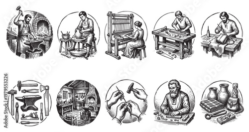 A collection of circular illustrations showcasing historical crafts like blacksmithing, pottery, weaving, carpentry, and leatherworking, rendered in a detailed black and white engraving style.