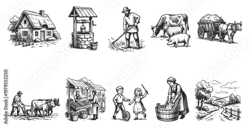A collection of vintage black and white illustrations depicting various aspects of rural country life, including farming, domestic chores, and village scenes.