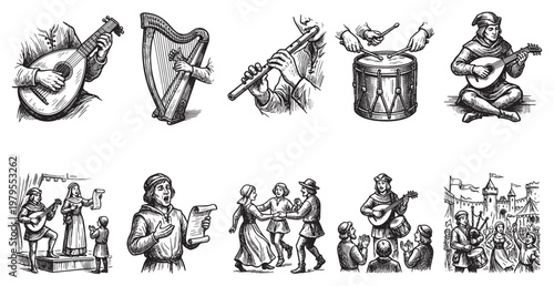 A collection of vintage black and white illustrations depicting medieval musicians playing instruments and people dancing at a festival, evoking a historical and celebratory mood.
