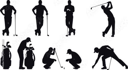 Set of silhouettes of male golfers standing swinging clubs carrying golf bags and putting on green for sports competition leisure activity and country club