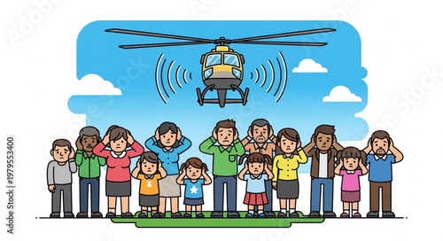 Helicopter noise bothers people covering ears outdoors.