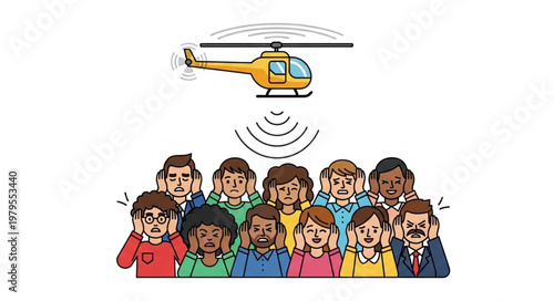 Helicopter noise bothers people covering ears.