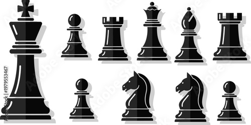Chess pieces flat shadow icons set, black vector illustration of king queen rook bishop knight pawn strategic board game elements
