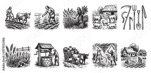 A collection of ten vintage black and white woodcut illustrations depicting various scenes of rural agriculture, including farming, harvesting, and animal husbandry.