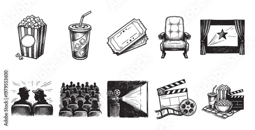 A collection of hand-drawn cinema icons including popcorn, drinks, tickets, chairs, movie projector, and clapperboard.