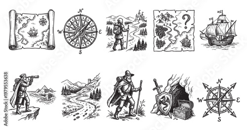 A collection of vintage-style illustrations depicting maps, compasses, explorers, ships, and treasure, evoking a sense of adventure and discovery.