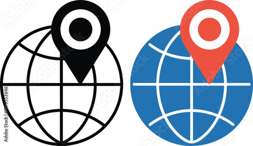 global location pin icons with world globe sphere for travel and navigation